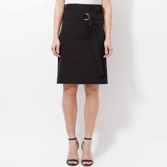 CELINE PHOEBE PHILO BLACK NYLON BELTED BUCKLED PENCIL SKIRT 36 FR